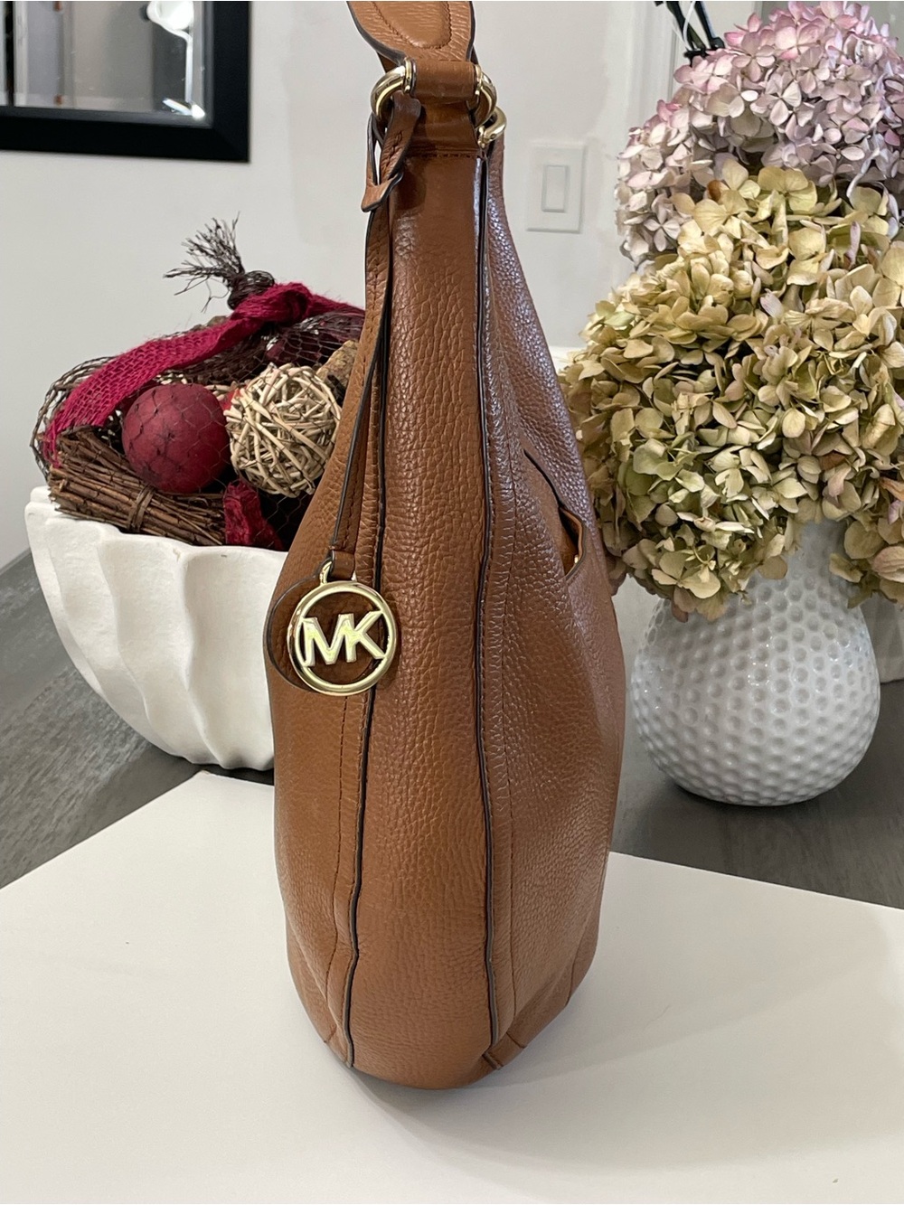 Michael Kors Brown Pebbled Leather Large Hobo Shoulder Bag Zip Top Gold Tone